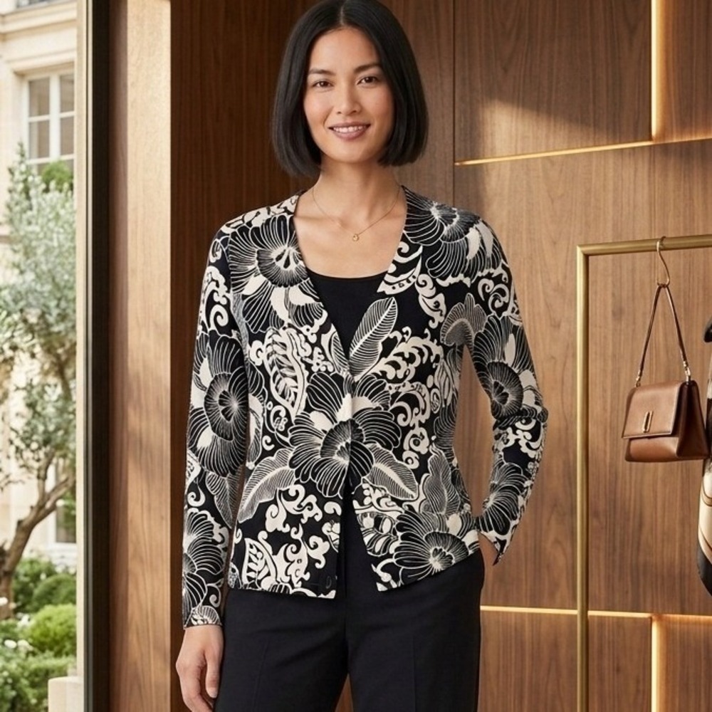 Talbots Vintage Black White Floral V-Neck Button Up Cardigan Sweater XL Women - Picture 1 of 7